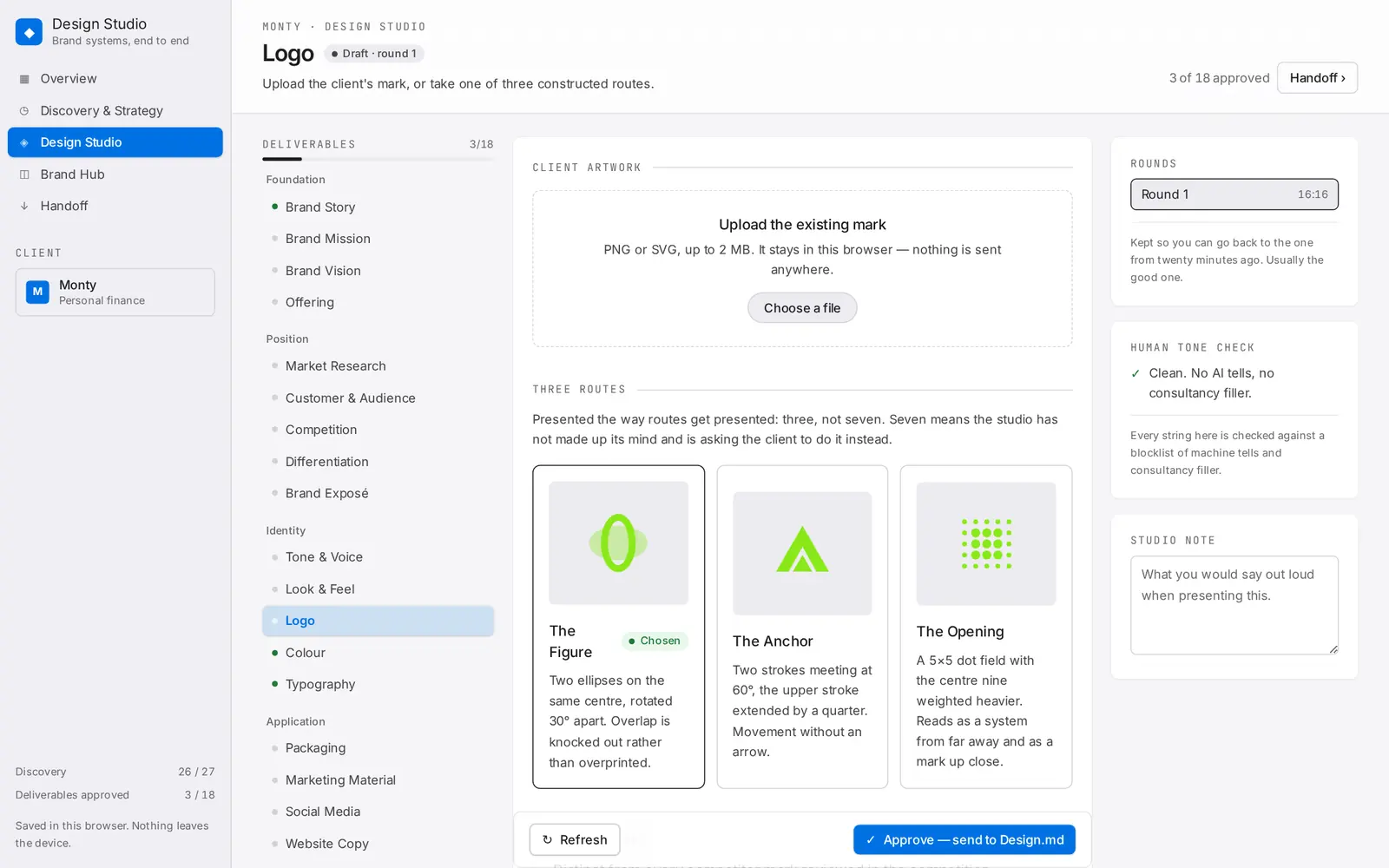Design Studio: Three constructed logo routes, or the client's own mark